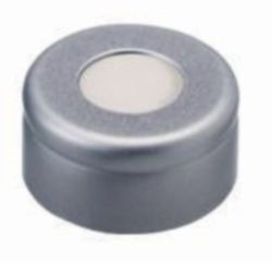 LLG-Aluminium crimp cap N 11, silver, center hole, PTFE virginal, white, Hardness: 53° shore D, Thickness: 0.25 mm pack of 100pcs