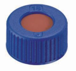 LLG-Screw caps N 9, blue PP, center hole, PTFE red/Silicone white/PTFE red, 45° shoreA, thickness:1.0 mm, pack of 100