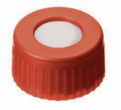 LLG-Screw caps N 9, PP, red, center hole, Silicone white/PTFE red, Hardness: 40° shore A, Thickness 1.0 mm, pack of 100