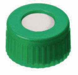 LLG-Screw caps N 9, PP, green, center hole Silicone white/PTFE red, Hardness: 40° shore A, Thickness: 1.0 mm, pack of 100pcs