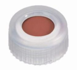 LLG-Screw caps N 9, transparent PP, center hole, Red Rubber/FEP colourless, hardness:40° shore A,thickness:1.0 mm,pack of 100