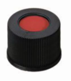 LLG-Screw caps N 10, black PP, center hole, PTFE red/Silicone white/PTFE red, hardness 45°,shore A,thickness: 1.0 mm,pack of 100