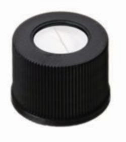 LLG-Screw caps N 10 (bonded), black PP, center hole, silicone white/PTFE blue,slitted, hardness:45°,shore A,thickness:1.5 mm, pack of 100