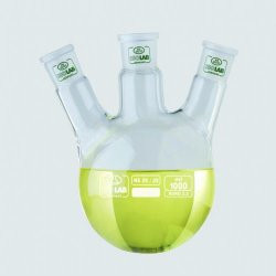 MEGSZŰNTGround neck flask with 3 joints 250 ml center arm NS 29/32, 2x side arm NS 19/26, angled