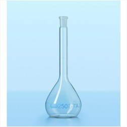DURAN® Volumetric flask 5 ml, class AW blue grad.,USP conformity, individual certificate, one graduation mark, polyethylene stopper,NS 10/