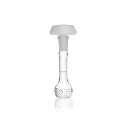 DURAN® Volumetric flask 5 ml, class AW blue graduation, batch certificate, one graduation mark, polyethylene stopper,NS 10/19