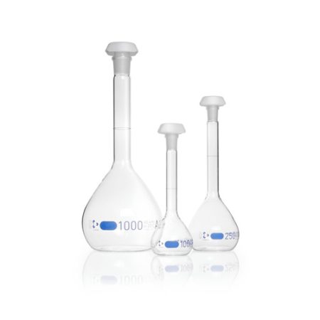 DURAN® Volumetric flask 5000 ml, class A blue graduation, batch certificate, one graduation mark, polyethylene stopper,NS 34/35