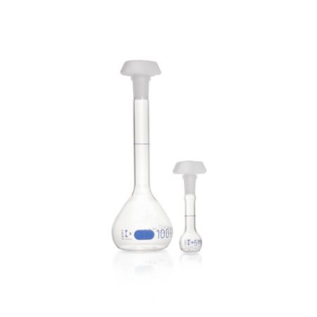 DURAN® Volumetric flask 5 ml, class AW blue graduation, individual certificate, one graduation mark, polyethylene stopper,NS 10/19