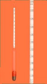 Amarell sűrűség hidrométer 1,500 - 1,600 ebben 0,001 g.cm^3, work-hőfok. 20 °C, ca. 350 mm hosszú, ezzel hőmérő