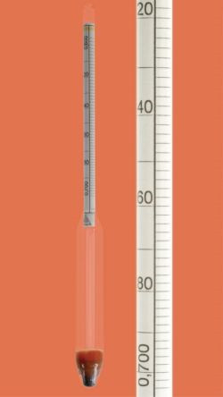 Amarell alkohol mérő 0-100.1 vol.% ebben cl. hőmérő, 0+30.0.1 °C, kalibrálható, ezzel piros vagy kék