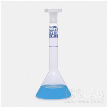Volumetric flask 5 ml, clear, trapezoidal Glass, class A, NS 07/16, PE-stopper pack of 2, blue scale, batch identification