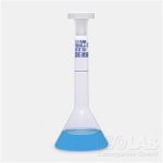   Volumetric flask 50 ml, clear, trapezoidal Glass, class A, NS 12/21, PE-stopper pack of 2, blue scale, batch identification
