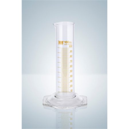 Measuring cylinders with spout, glass 100ml with permanent amber stain graduations pack of 2
