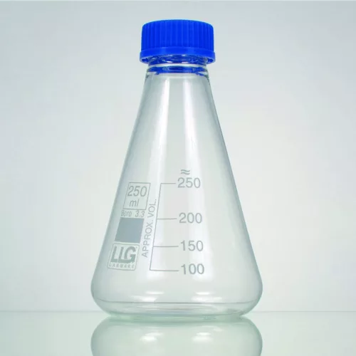 LLG Erlenmeyer lombik 250 ml, boroszilikát 3,3, fehér beosztással, csavaros kupakkal, GL32, 2 db-os kiszerelés
