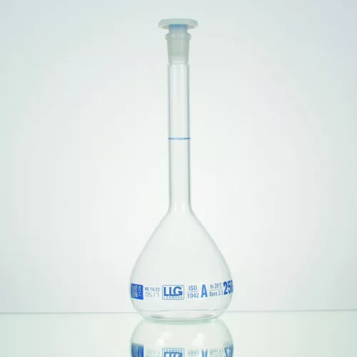 LLG mérőlombik 200 ml, boroszilikát 3,3, átlátszó, A osztály, NS 14/23, PE dugóval, kék skála, gyártási tanúsítvánnyal, 2 db-os csomag