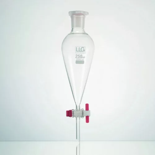 LLG-választótölcsér 250 ml-es kúpos PTFE csap, boroszilikát 3,3, DIN 12541