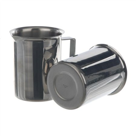 Beaker 100 ml, 18/10 steel with rim, spout and handle