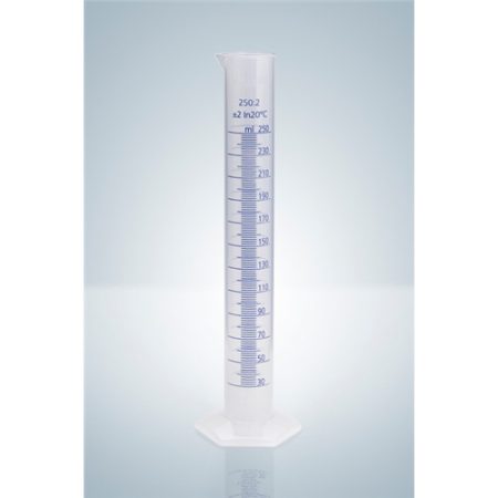 Measuring cylinder B, PP, 50 ml ring division, blue graduated
