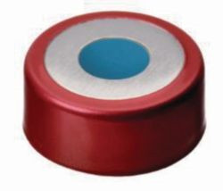 LLG-Bimetal crimp cap N 20, red/silver, center hole, Silicone blue/PTFE colourless, Hardness: 40° shore A, Thickness: 3 mm pack of 100pcs