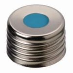   LLG-Magnetic screw cap N 18, silver, center hole Silicone blue transparent/PTFE white, Hardness: 45° shore A, Thickness: 1.5 mm pack of 10