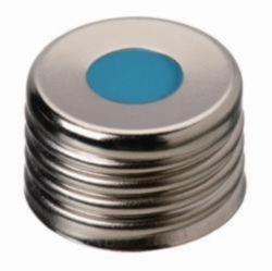LLG-Magnetic screw cap N 18, silver, center hole Silicone blue transparent/PTFE white, Hardness: 45° shore A, Thickness: 1.5 mm pack of 10
