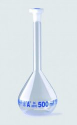 Volumetric flask 150 ml, clear glass, cl.A, NS 14/23, PE-stopper blue scale, charge identification