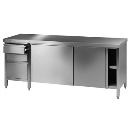 Work table 3000x750x900mm (LxDxH) 18/10-steel, Drawers right w. sliding doors