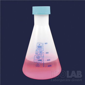 Erlenmeyer flask 250 ml GL 52, PP, blue graduated with screw cap