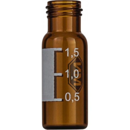 Thread bottle N 9, 1.5 ml O.D.: 11.6 mm, hight 32 mm, amber, flat bottom, with writing field and mark,silanated, pack of 100