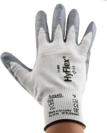 Gloves HyFlex® size 10, white/grey microporous nitrile coating, with nylon lining cord waistband, length 200-270mm, per pair