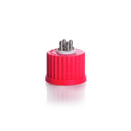 Connection cap system GL 25 red PBT screw-cap with PTFE insert and 4 ports (stainless steel)