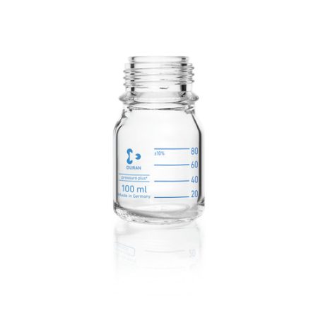 Laboratory glass bottle 100ml, GL45, clear DURAN®, pressure plus, pressure resistant, plastic coated, w/o screw-cap and pouring ring
