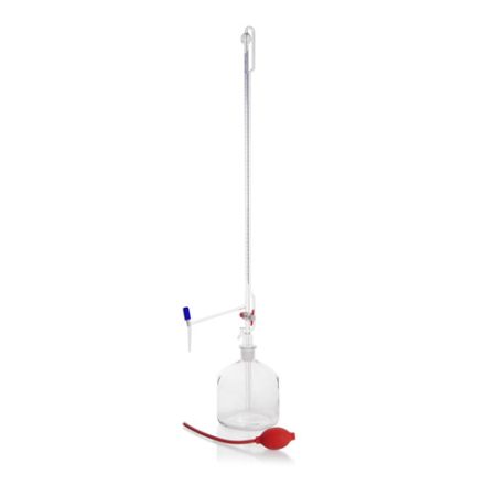 DURAN Produktions Automatic burette after pellet, 25ml conformity certified, blue imprinting, with bottle and rubber blower