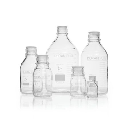 DURAN PURE bottle 100 ml, clear with scale, GL 45, with dust protection cap, w/o screw-cap and pouring ring