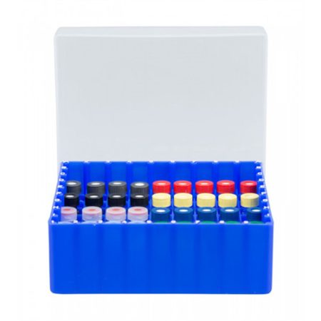 Container blue, 36 position,with removeable devider for screw neck vials N 15, outer length: 130 mm, outer width: 130 mm, outer height: 80