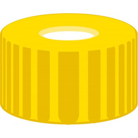 Screw-caps N 9 PP, yellow, w. hole silocone white/PTFE red, septa thickn 1,0mm pack of 100