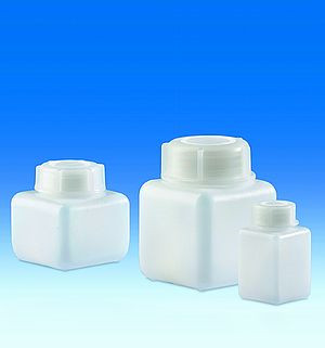Wide-mouth bottles 1000 ml, PE-HD 90 x 90 mm, square, GL 65, with PP screw cap, pack of 12