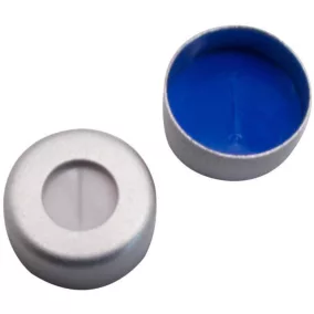   LLG-11 mm-es alumínium krimpelő kupak, kék lakkozású, 5,5 mm-es lyukkal. Természetes gumi, vörös-narancs/TEF átlátszó, 60 Shore A keménység, 1,0 mm, 100 db-os csomag