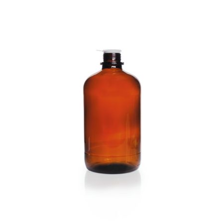 Round bottle, narrow neck, amber, soda-lime-glass, pouring ring and dust cap, 2500 ml