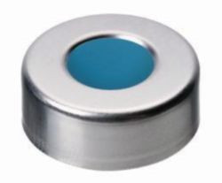 LLG-Alu crimp cap N 20, silver hole, silicone blue transparent/PTFE colourless, hardness 40° shore A, septa thick.3mm, pack of 100