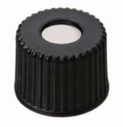 LLG-Sscrew caps ND8, black PP, center hole, Silicone white/PTFE red, Hardness: 40°shore A,Thickness:1.3 mm,pack of 100