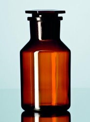 Wide neck reagent bottles,soda-glass,amber with NS glass stopper,cap. 100 ml