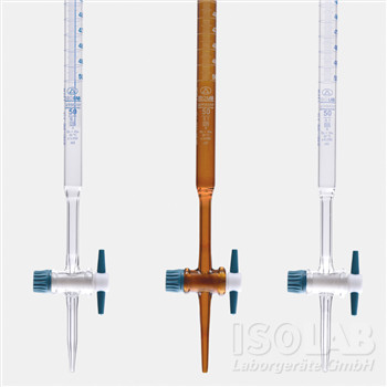 Burette 10:0.02 ml glass, cl.AS, with PTFE stopcock, blue skale, batch certified