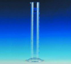 Measuring cylinder 5 ml, tall form glass, cl.A, blue scale, glass base, batch certified