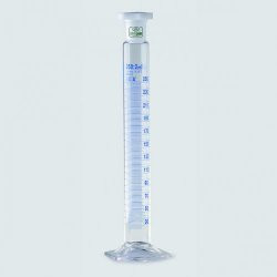 Mixing cylinder 250 ml, tall form glass, cl.A, with PP stopper blue scale, batch certified