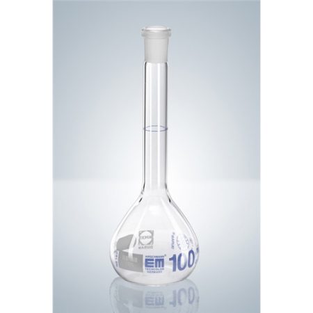 Volumetric flask 100ml NS 12/21, cl.A, blue grad.,charg.