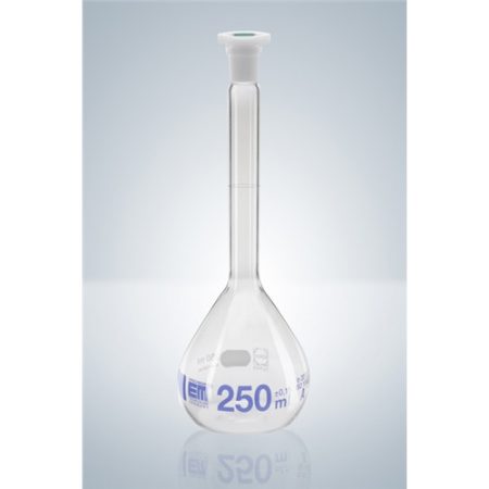 Volumetric flask 20ml, cl.A NS 12/21, Duran, glass stopper, blue grad.