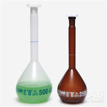 Volumetric flask 50 ml, clear PP, cl.B, NS 12/21, PE-stopper blue scale