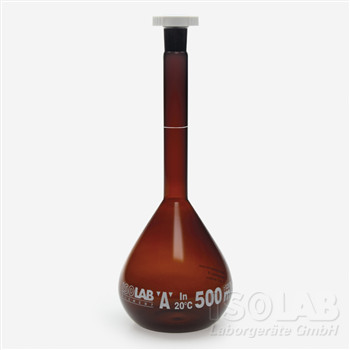 Volumetric flask 50 ml, amber glass, cl.A, NS 14/23, PE stopper white scale, batch certified