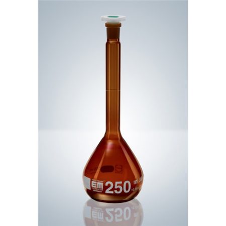 Volumetric flask 200ml, cl.A, amber, DURAN NS 14/23, PE stopper, white graduation